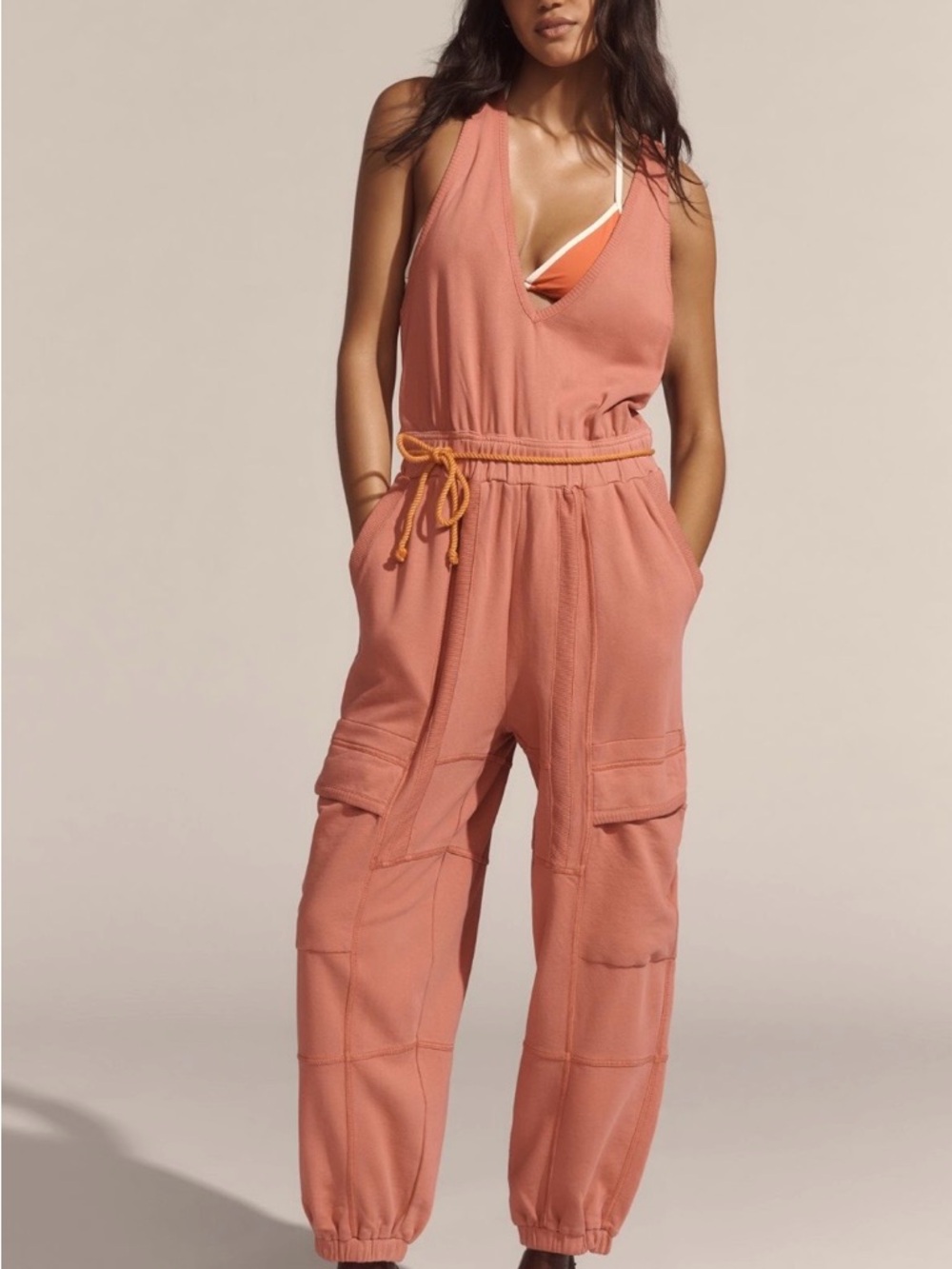 Sleeveless Cargo Romper in Coral